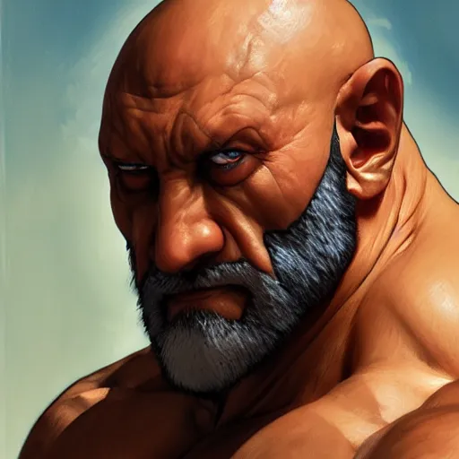 Image similar to mike ehrmantraut as sagat street fighter, portrait, 4 k, ultra realistic, detailed focused art by artgerm and greg rutkowski and alphonse mucha