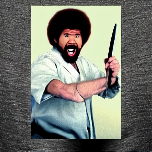 Prompt: bob ross screaming at ninjas