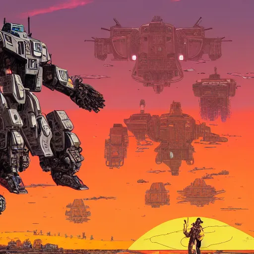 Image similar to hyper detailed comic illustration of a giant mechwarrior robot and the sunset in the distance, by Josan Gonzalez and Geof Darrow, highly detailed, 8k wallpaper