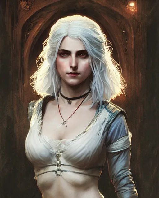 Prompt: Pre-Raphaelite Ciri from Witcher 3 by Artgerm and Greg Rutkowski, sharp focus, full body, intricate, elegant, highly detailed, digital painting, pale