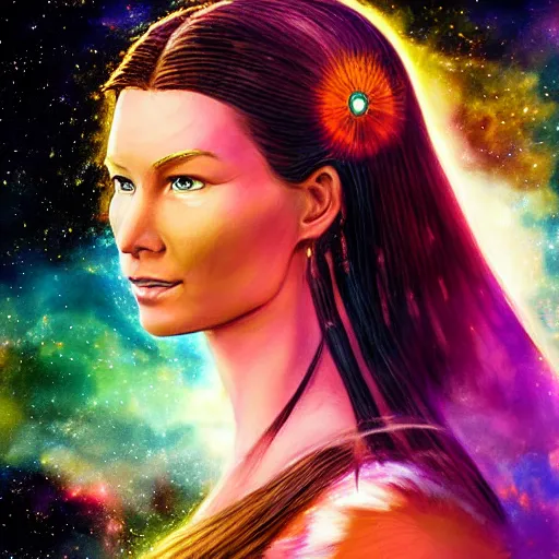 Prompt: a portrait of Pocahontas in the space with nebulae, realistic painting, high definition, digital art, matte painting, very detailed, realistic