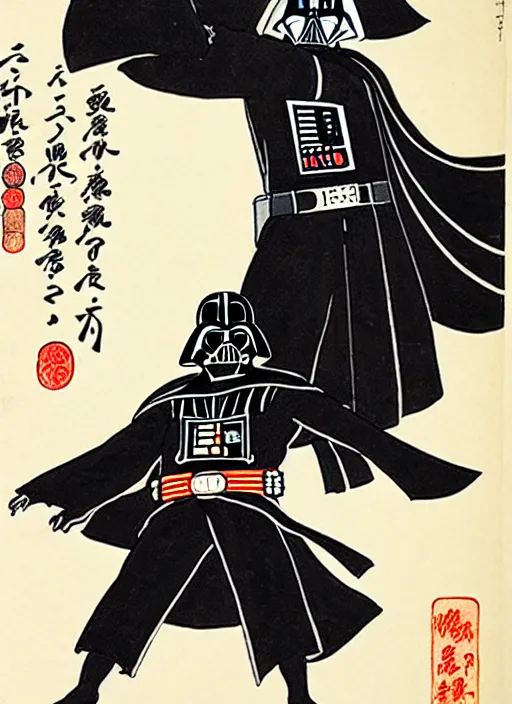 Image similar to darth vader as a yokai illustrated by kawanabe kyosai and toriyama sekien