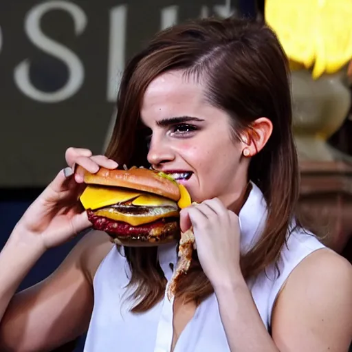 Image similar to Emma Watson eating a cheeseburger, photo realistic, award-winning, highly-detailed, epic, cinematic, dramatic