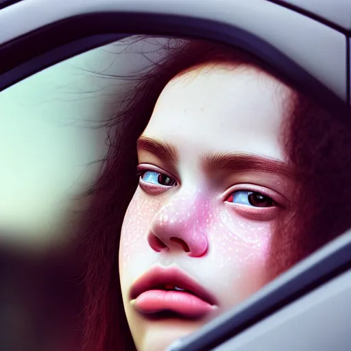 Image similar to beautiful hyperrealism hyperdetailed selfie of a cute young woman sitting in her car, flushed face, red blush, light freckles, puffy lips, soft features, 8 k, sharp focus, art by irakli nadar