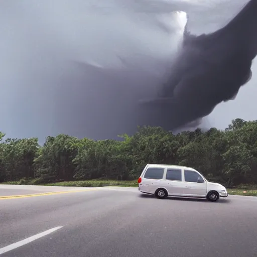 Prompt: white minivan driving away from a tornado, 4k, realism