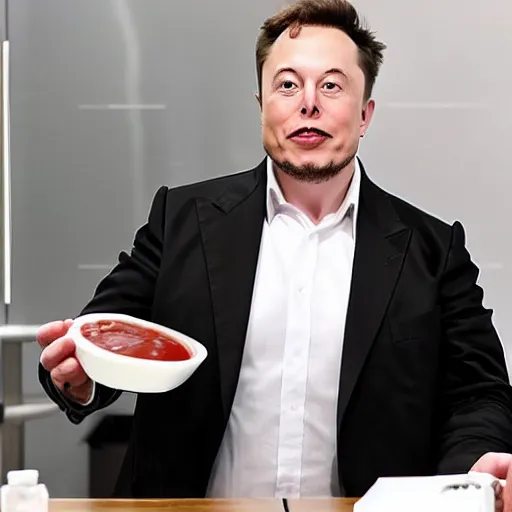 Prompt: elon musk pouring ketchup in a caja - madrid office.