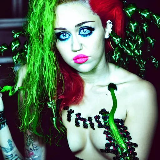 Image similar to miley cyrus as poison ivy, dc, movie, photography, portrait, beautiful,