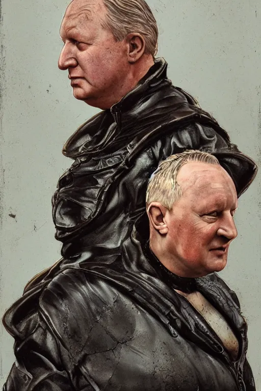 Prompt: upper body portrait of stellan skarsgård as evil, dark baron harkonnen, covered in oil, wearing old leather spacesuit, dystopian science fiction, illustration by norman rockwell, artstation character art, john william waterhouse, concept art, greg rutkowski