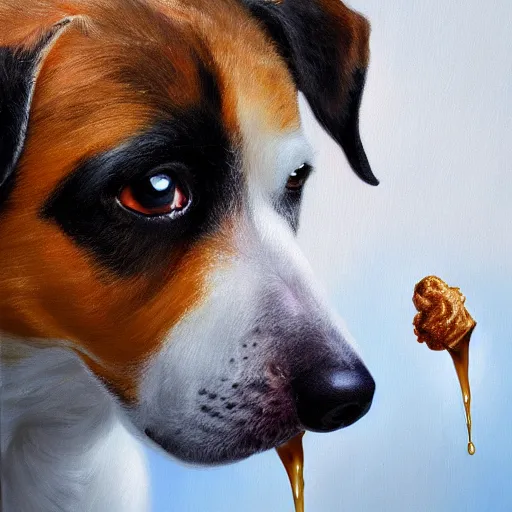 Image similar to drops of ice cream dripping from the top of the nose of a dog, highly realistic photography, high quality, artstation, oil painting