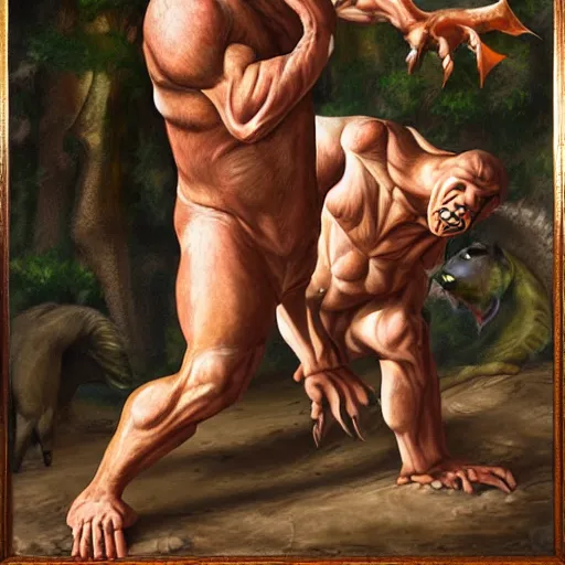 Image similar to a realistic muscular neanderthal man fighting dinosaur, painting