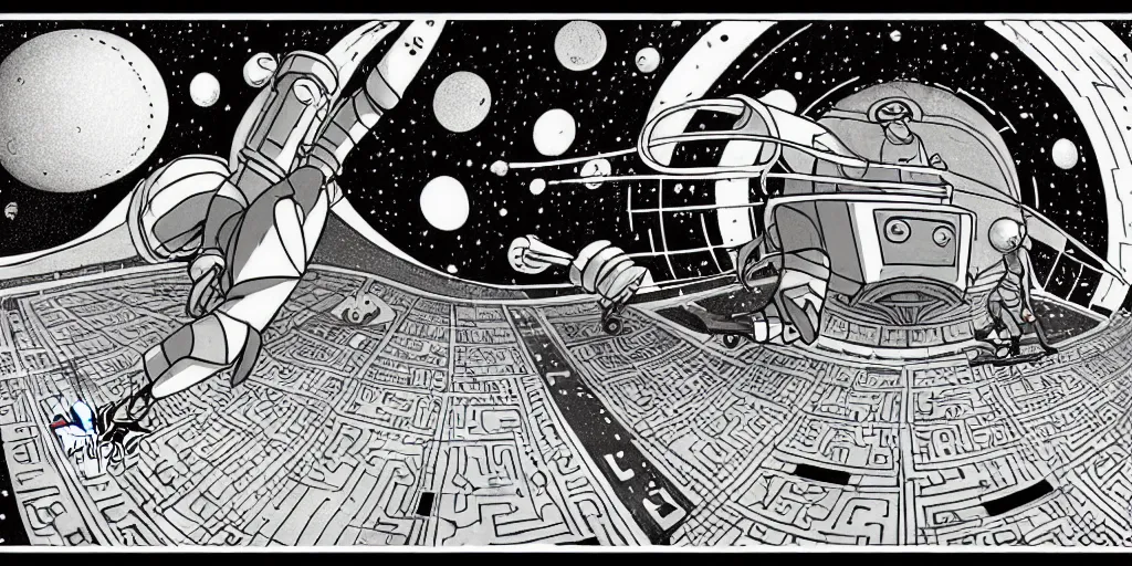 Image similar to traditional drawn colorful animation a solo skateboardist down to valley symmetrical architecture on the ground, space station planet afar, planet surface, ground, rocket launcher, outer worlds extraterrestrial hyper contrast well drawn Metal Hurlant Pilote and Pif in Jean Henri Gaston Giraud animation film The Masters of Time FANTASTIC PLANET La planète sauvage animation by René Laloux