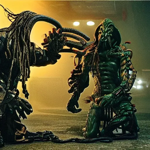 Image similar to cthulhu samurai, lots of cables and wiring. Photograph from blockbuster sci-fi film