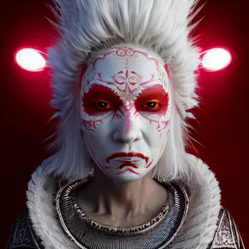 Prompt: albino grandmother in a ornated armor pagan facepaint, detailed, jewelry, sakura, photograph, award wining, red and white, trending on artstation, punk attitude, 4 k, unreal engine 5, octane render, neon highlights