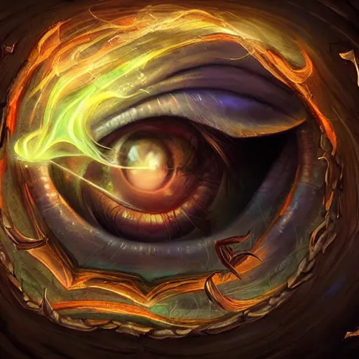 Prompt: giant eye magic spell, magic spell surrounded by magic smoke, floating cards, hearthstone coloring style, epic fantasy style art, fantasy epic digital art