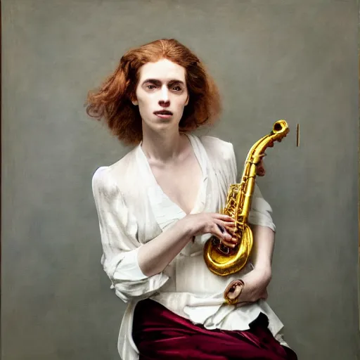 Image similar to SOPHIE the musician, photographed by Annie Leibovitz, oil on canvas