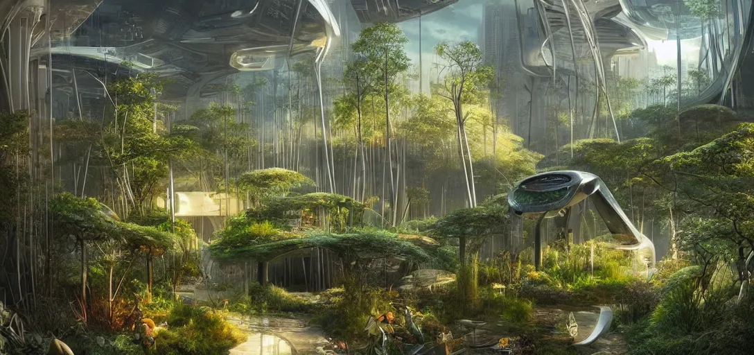 Image similar to a futuristic solarpunk garden, designed by jørn utzon, sci - fi, digital art by paul chadeisson