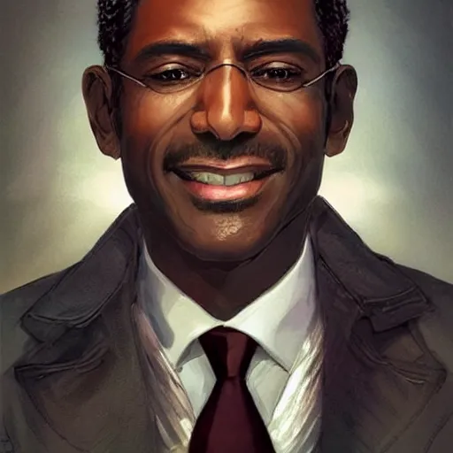 Image similar to portrait of a handsome, dark skinned man smiling brightly, in his 5 0 s with salt and pepper hair and sharp cheekbones, dressed in expensive clothes, detailed face, smooth, sharp focus, graphic novel, art by artgerm and greg rutkowski and pepe larraz,