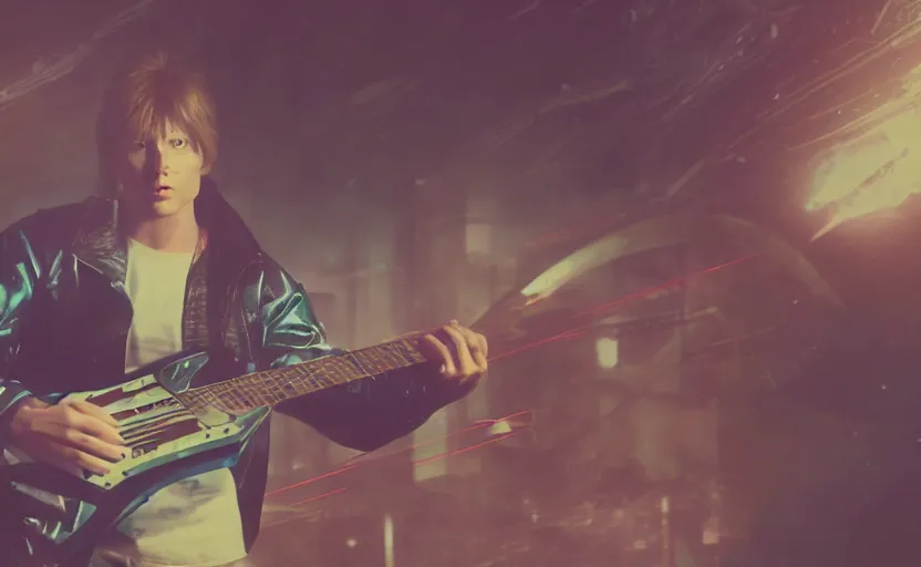 Image similar to found footage of marty mcfly playing a futuristic guitar, in liminal space, cyberpunk, film grain, dark lighting, realistic, photgraph, silent hill style, detailed cinematic lighting