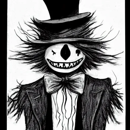 Image similar to a Pop Wonder scary horror themed goofy-hilarious-character Babadook-scarecrow-madhatter-williewonka-wearing a scarf, 3-piece-suit, dime-store-comic drawn with charcoal and pen and ink, half-tone-line-stacking