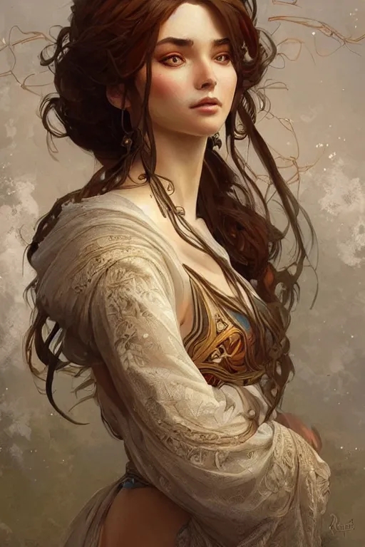 Image similar to beautiful natural renaissance gypsy, intricate, elegant, highly detailed, digital painting, artstation, concept art, smooth, sharp focus, illustration, art by artgerm and greg rutkowski and alphonse mucha