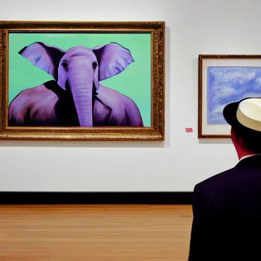 Image similar to in an art gallery, there is a huge painting of an elephant by marlene dumas. a man in a top hat and a suit is looking up at the painting. cgsociety, surrealism, surrealist, dystopian art, purple color scheme