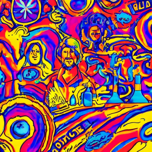 Image similar to a conference of psychedelic scientists / professors / researchers at the ohio state university in the style of peter max