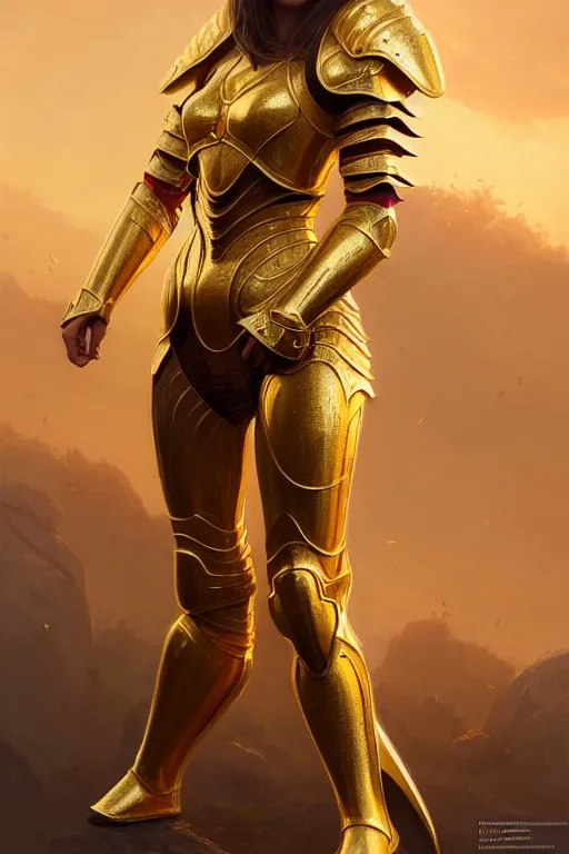 Image similar to professional digital art of a hyper realistic and highly detailed woman beautiful golden armor. accurate rending of one woman in armor. greg rutkowski, zabrocki, karlkka, jayison devadas, intricate, trending on artstation, 8 k, unreal engine 5, pincushion lens effect