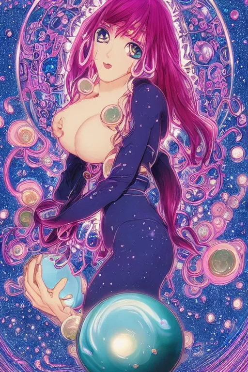 Image similar to psychedelic, intricate, highly detailed, anime, 4k, beautiful seductive slime girl holding a huge orb containing the universe, with professional makeup, long trippy hair, surrounded by gems, underneath the stars, trending on patreon, deviantart, twitter, artstation, volumetric lighting, heavy contrast, by artgerm and Ilya Kuvshinov and alphonse mucha, interstellar galaxy
