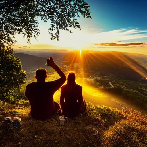 Prompt: a happy couple sitting on a mountain watching the sun rise, photograph, realistic, hdr