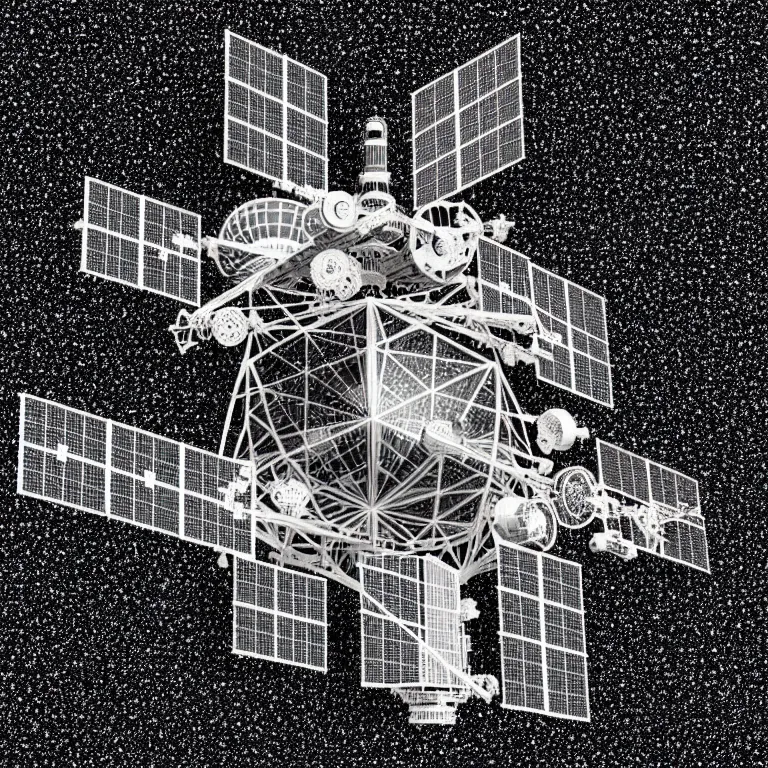 Image similar to a black and white drawing of a geometric lattice international space station made of chrome and filled with equipment, a microscopic photo by ernst haeckel, zbrush central, kinetic pointillism, intricate patterns, photoillustration