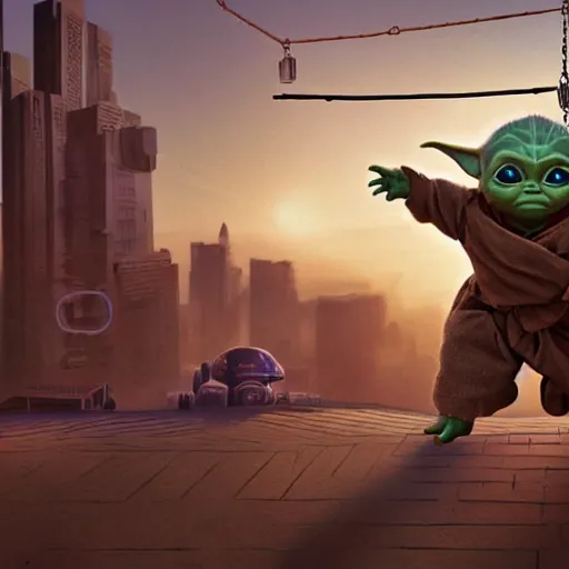 Prompt: masterful digital art, eye - level view, medium - shot, baby yoda is at the busy school playground in a cyberpunk city. baby yoda smiles and plays on a swing set. golden hour. realism, detailed, depth, chiaroscuro, limited color palette. in the background some balloons float in the sky. mandalorian ( tv ).