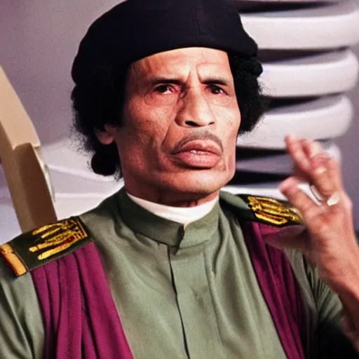 Prompt: A still of Muammar Gaddafi in Star Trek