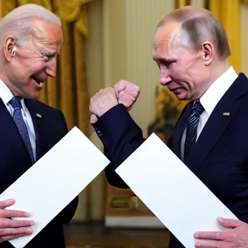 Prompt: biden and putin playing rock paper scissors, no one wins