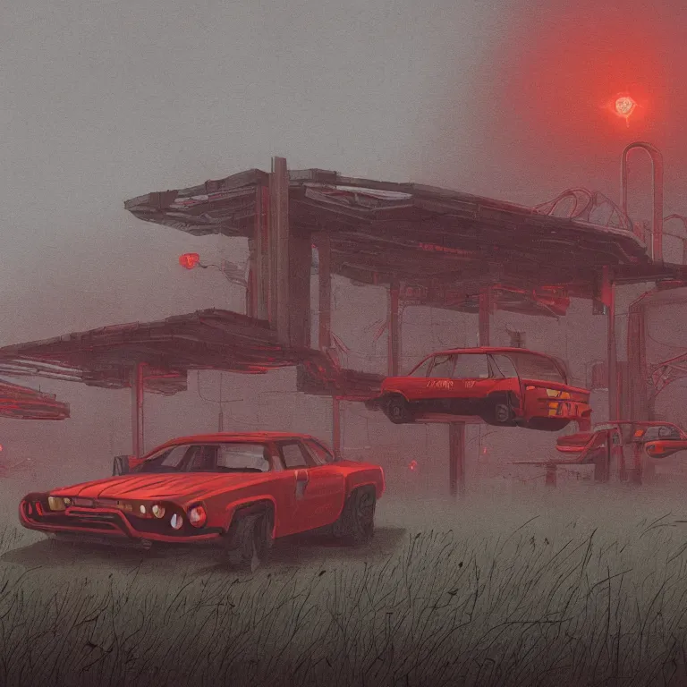 Image similar to Beautiful ultradetailed illustration of a Red race car by Simon Stalenhag, in a brutalist yet rural landscape by Simon Stalenhag, 35mm film photography, wallpaper 4k, dawn, eerie fog