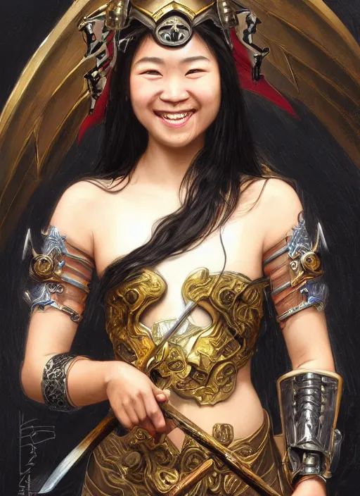 Image similar to Close-up portrait of smiling young asian woman wearing a black armor with skulls and a winged helmet and, holding a magic staff, portrait, fireball, highly detailed, digital painting, artstation, concept art, sharp focus, illustration, art by artgerm and greg rutkowski and alphonse mucha