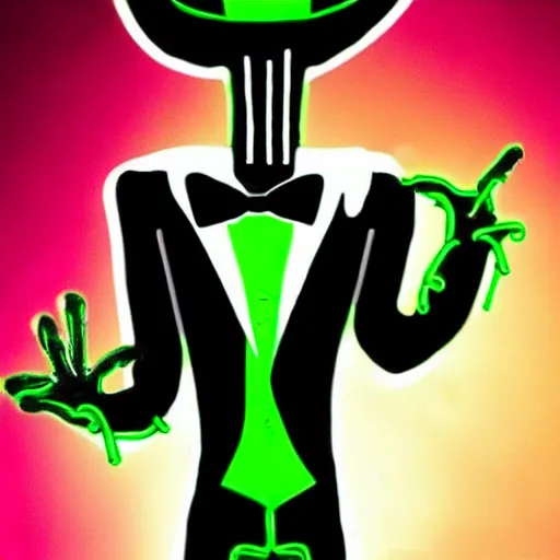 Prompt: tall, skinny, four - armed evil alien voodoo doctor wearing a black neon green tuxedo and top hat