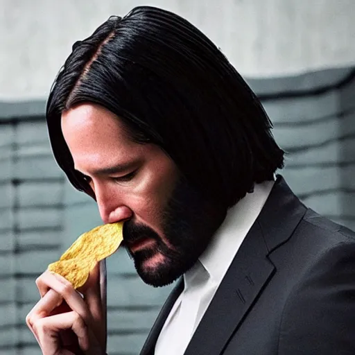 Prompt: john wick eating a potato chip