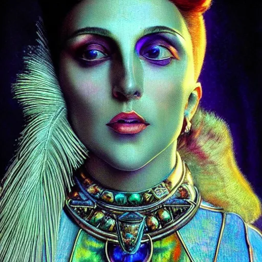 Image similar to close - up renaissance portrait of an iridescent art deco lady gaga, reflective detailed textures, highly detailed fantasy science fiction painting by moebius, norman rockwell and william holman hunt. modern industrial shaman, rich colors, high contrast. artstation