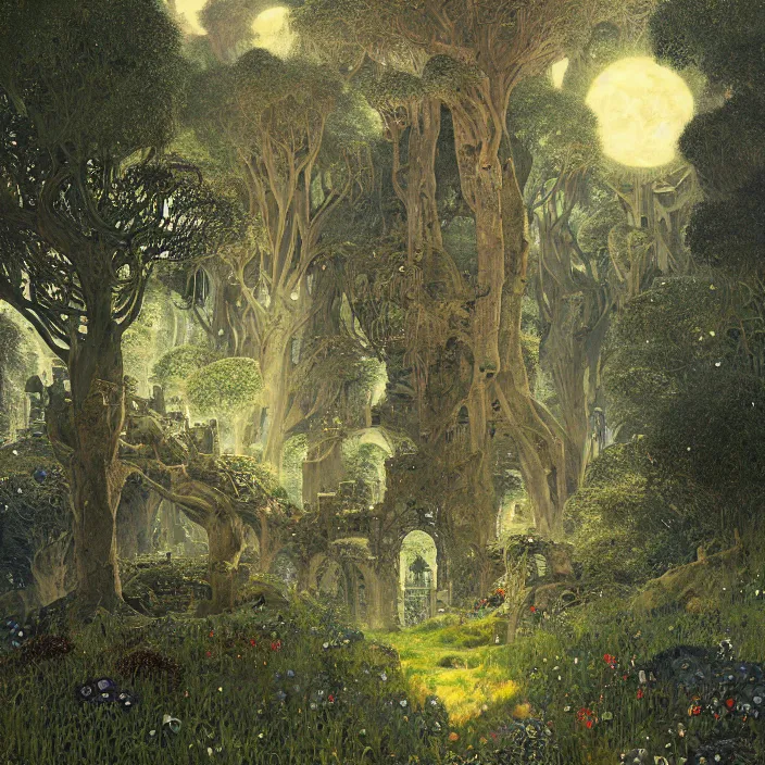 Prompt: ancient overgrown! ruins, medieval gates, runestones, mysetrious etherial mesmerizing runic!! cat eyes, magical elven geometry, concept art by gustav klimt!, deviantart contest winner, environmental art, fairy circle, grand landscape art by greg rutkowski, lit by moonlight, high detail, intricate masterpiece