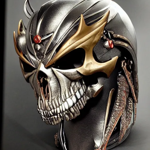 Prompt: cyborg with a metallic dragon skull for a head with giant demon wings