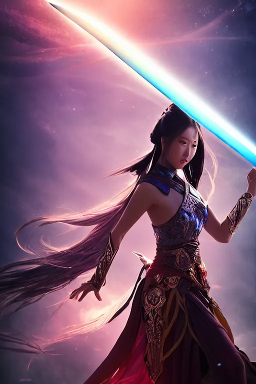 Image similar to beautiful cinematic fantasy poster, wuxia sword dance heroine, beautiful glowing galaxy eyes, hybrid from Dynasty Warriror and art direction by tian zi, WLOP, Darius Zawadzki cinematic quality character render; low angle; ultra high quality model; production quality cinema model;