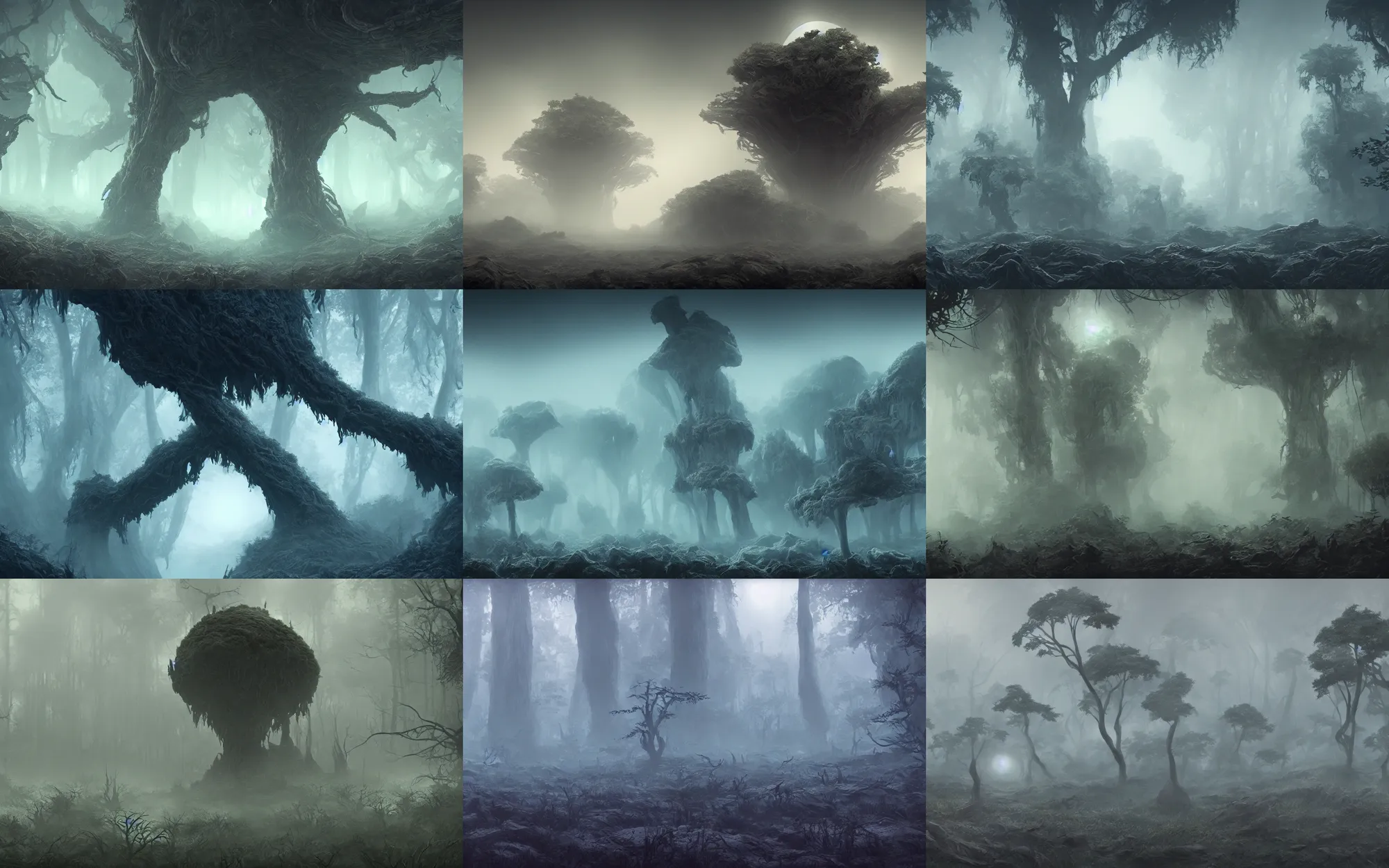 Prompt: alien planet landscape wild dense foggy alien forest, intricate detail artstation
