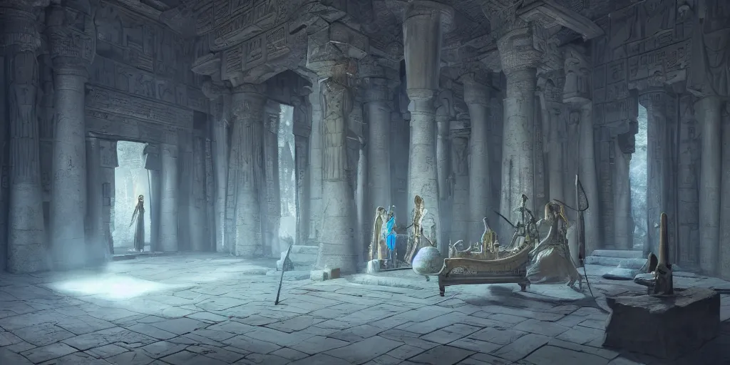 Prompt: fantasy movie scene greg rutkowski digital painting of an ornate and royal egyptian antechamber tomb with a old twisted wooden staff weapon with a blue crystal at it's tip laying on a stone altar, unreal engine, hyper realism, realistic shading, cinematic composition, blender render, octane render, hdr, detailed textures, photorealistic, ultrawide shot, 3 5 mm film