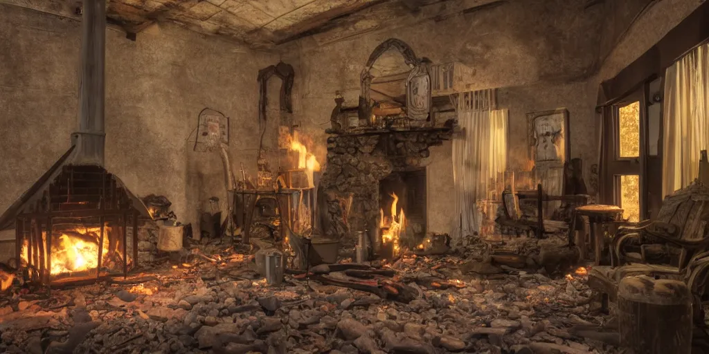 Image similar to an abandoned inn in dnd at dusk with a fire in a fireplace