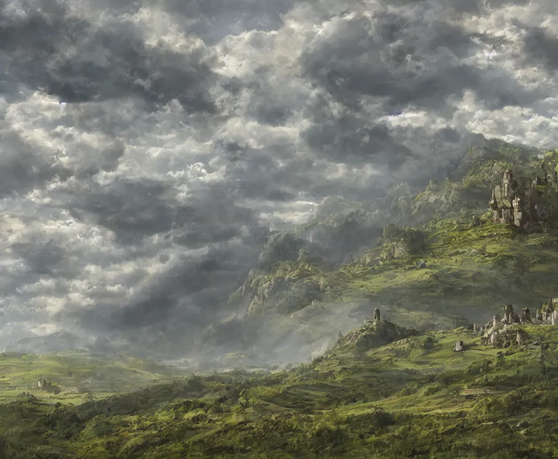 Prompt: Vast verdant empty flat valley surrounded by Transylvanian mountains. A huge zeppelin in the sky among dark clouds. A ruined medieval castle on the hillside in the background. No villages or buildings. Late evening light in the summer, gloomy weather. Hyperrealistic, high quality, sharp, highly detailed, petru bejan, Stephen Bliss, unreal engine, fantasy art by Greg Rutkowski, Loish, Rhads, Makoto Shinkai and Lois van baarle.