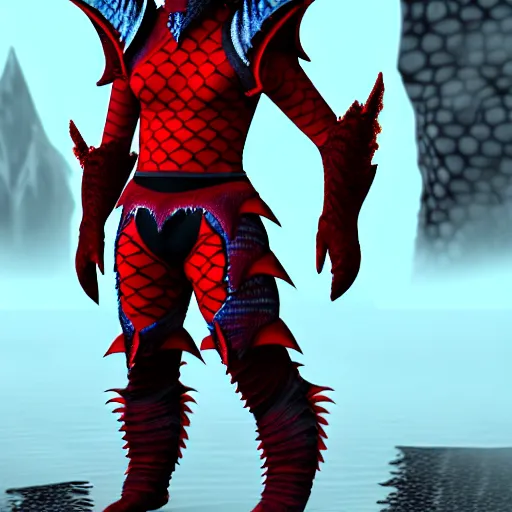 Image similar to a dragonborn with red scales and futuristic clothes