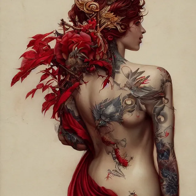 Image similar to ultra realistic illustration, beautiful woman dressed in red kimono, backview, tattoos, in the style of peter mohrbacher by weta digital and beth cavener, high face symmetry, intricate, masterpiece, award winning, high face symmetry, intricate