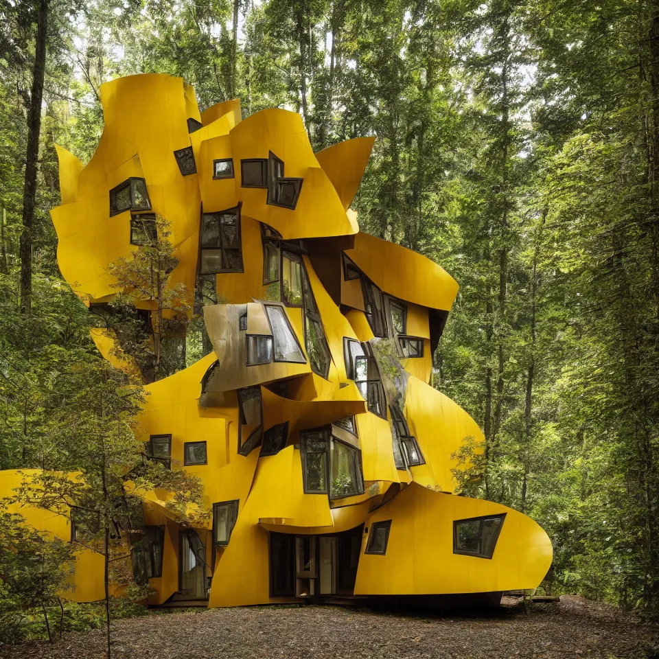 Prompt: a small flat house in the forest, designed by Frank Gehry. Big Tiles. Film grain, cinematic, yellow hue