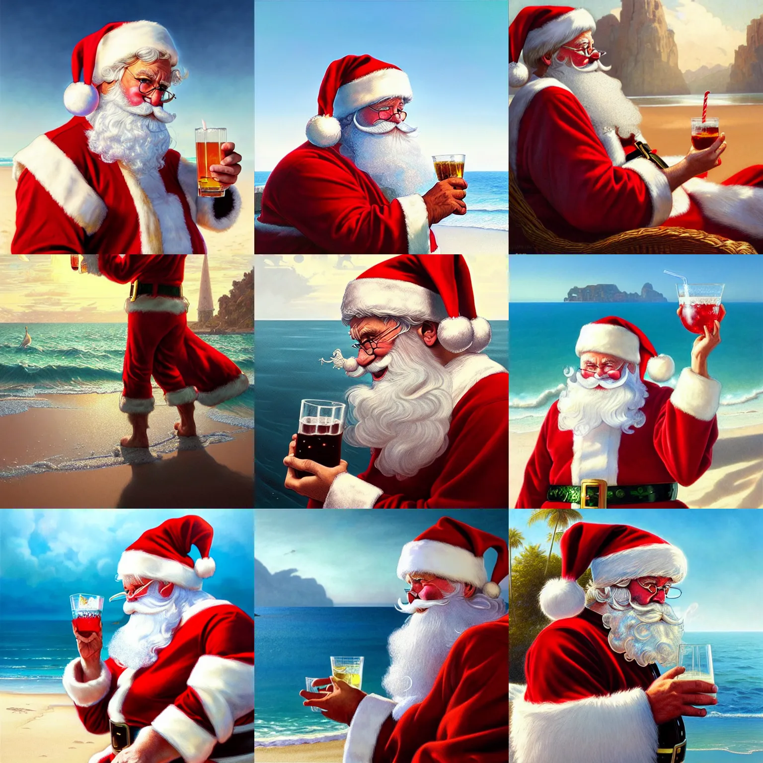 Prompt: ultra realistic illustration, santa claus on the beach with a drink, intricate, elegant, highly detailed, digital painting, artstation, concept art, smooth, sharp focus, illustration, art by artgerm and greg rutkowski and alphonse mucha