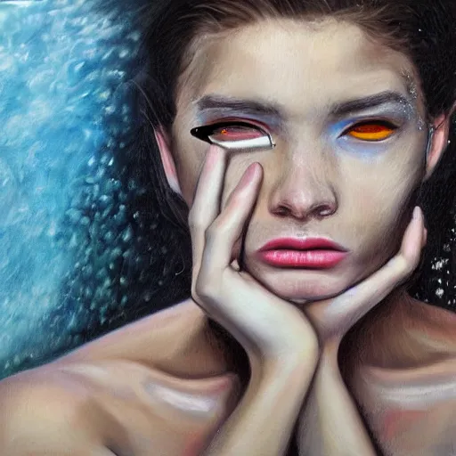 Prompt: fashion model crying underwater, hyperrealism oil painting